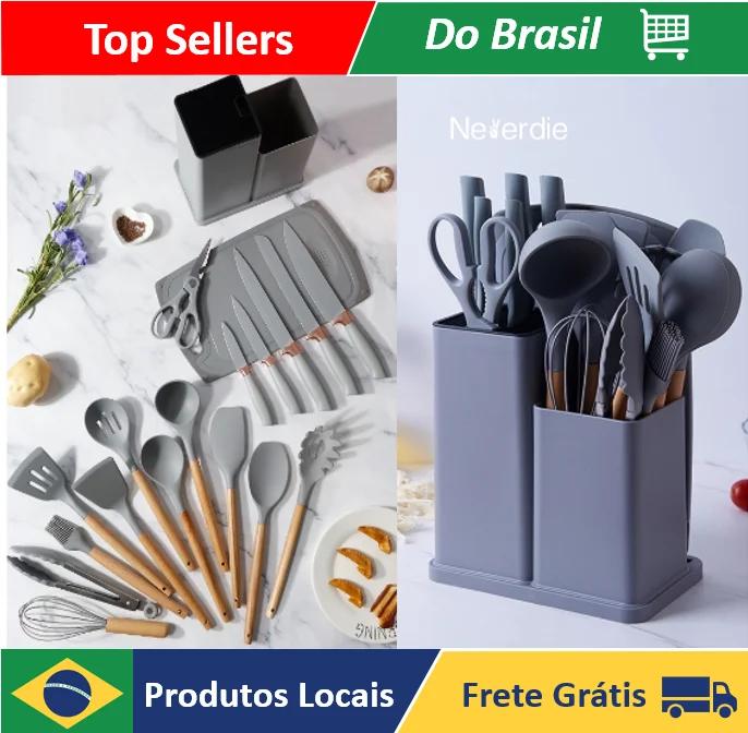 Kit Completo Jogo Utensílios de Cozinha Luxo 19 Peças Com Tábua em Silicone Espátula Faca Tesoura - Neverdie Store