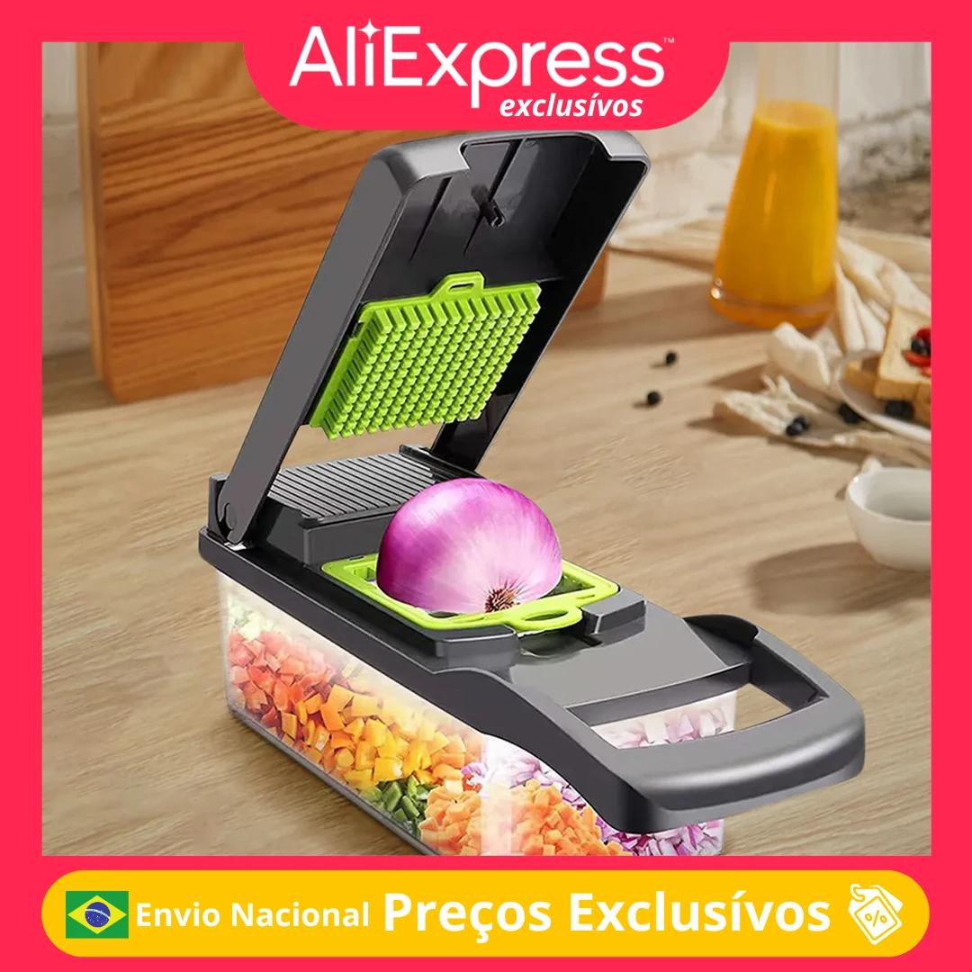 Cortador de Legumes 14 em 1 – Profissional e Multifuncional, 8 Lâminas para Fatiar e Picar, com Recipiente Coletor