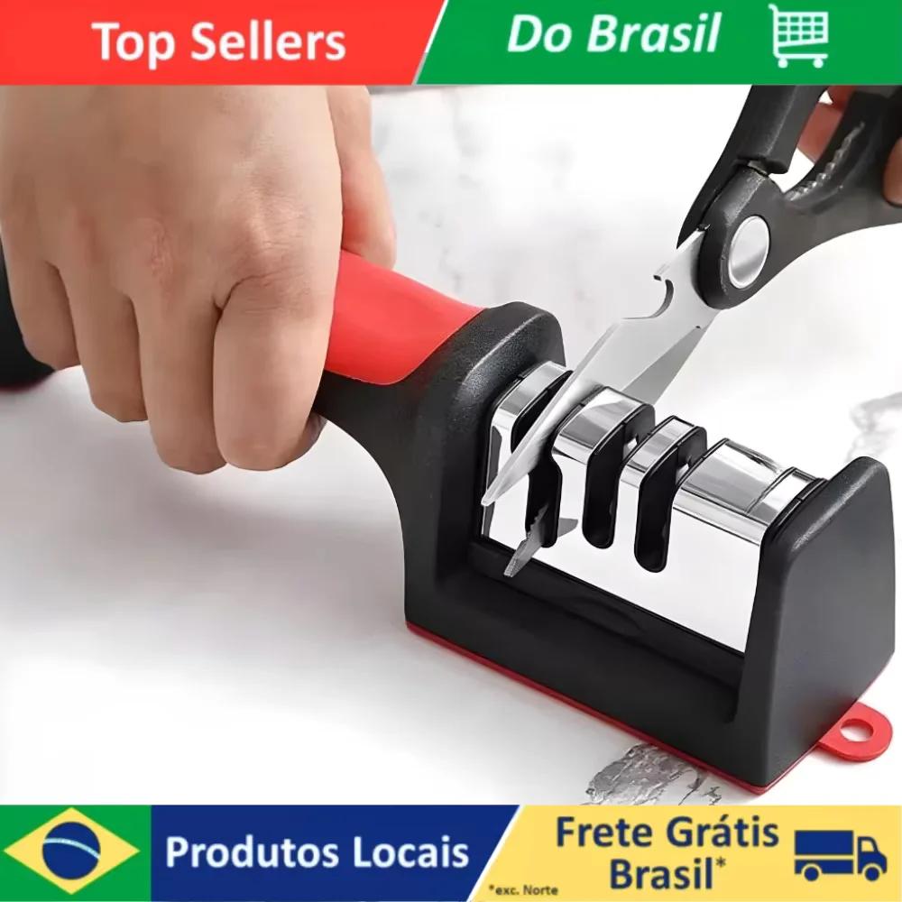 Amolador Afiador de Facas Para Cozinha em Inox Com 3 Afiadores Profissional