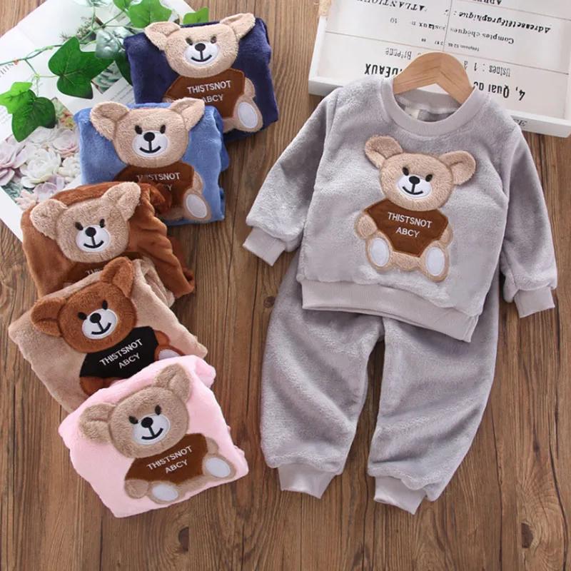 Novo inverno bebê meninas meninos conjuntos de homewear outono moda flanela velo roupas crianças dos desenhos animados urso pijamas crianças