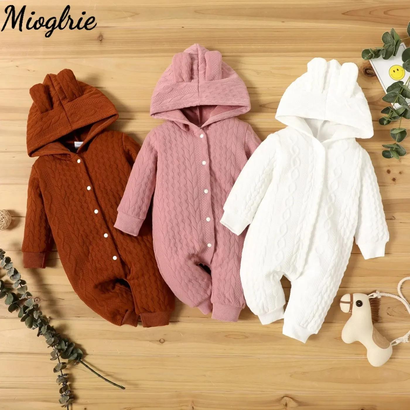 Macacão para bebês recém-nascidos de 0 a 18 meses, meninos e meninas, orelhas fofas, sólido, com capuz, manga longa, roupas infantis, trajes de outono e inverno