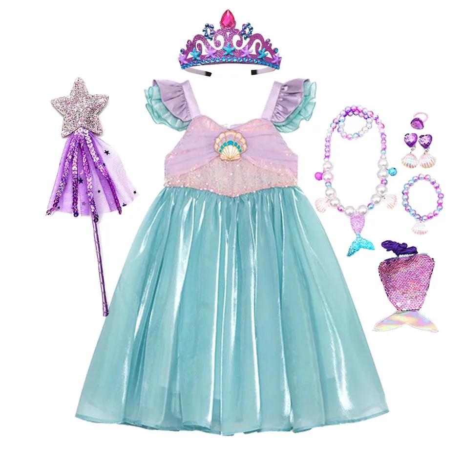 Crianças pequena sereia verão meninas vestido casual ariel vestido de princesa bonito festa de aniversário traje crianças vestido