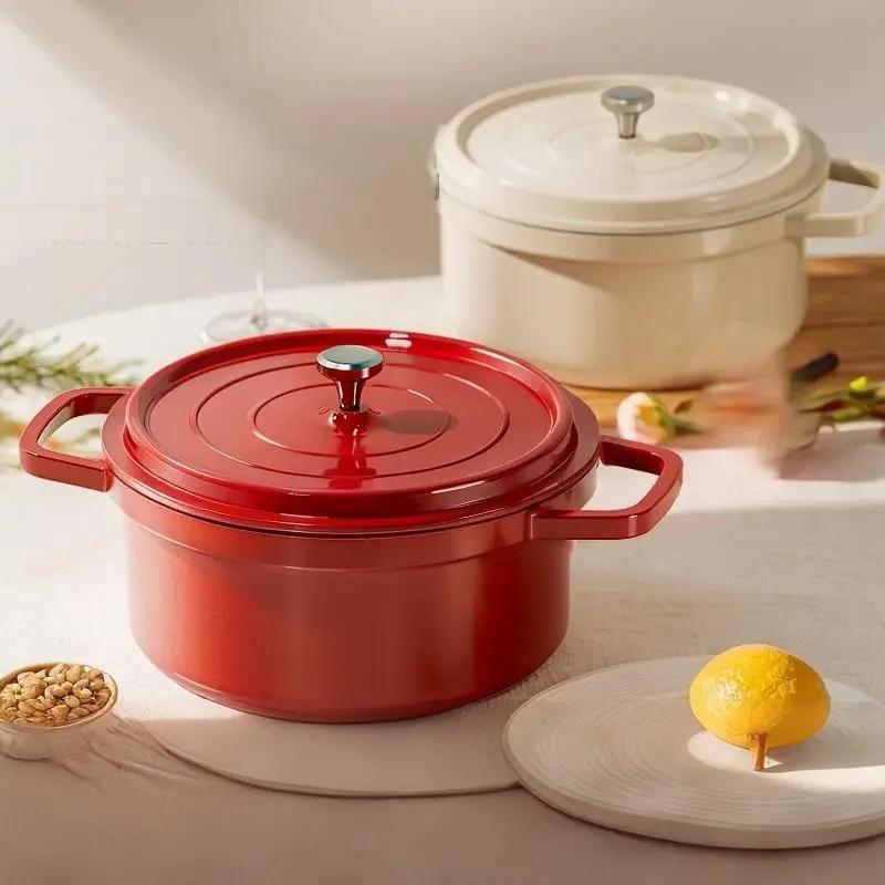 Panela de Ensopado Esmaltada com Alça Dupla e Tampa, Panela de Sopa Antiaderente, Utensílio de Cozinha em Titânio Dourado Resistente ao Calor para Fogão a Gás e Indução