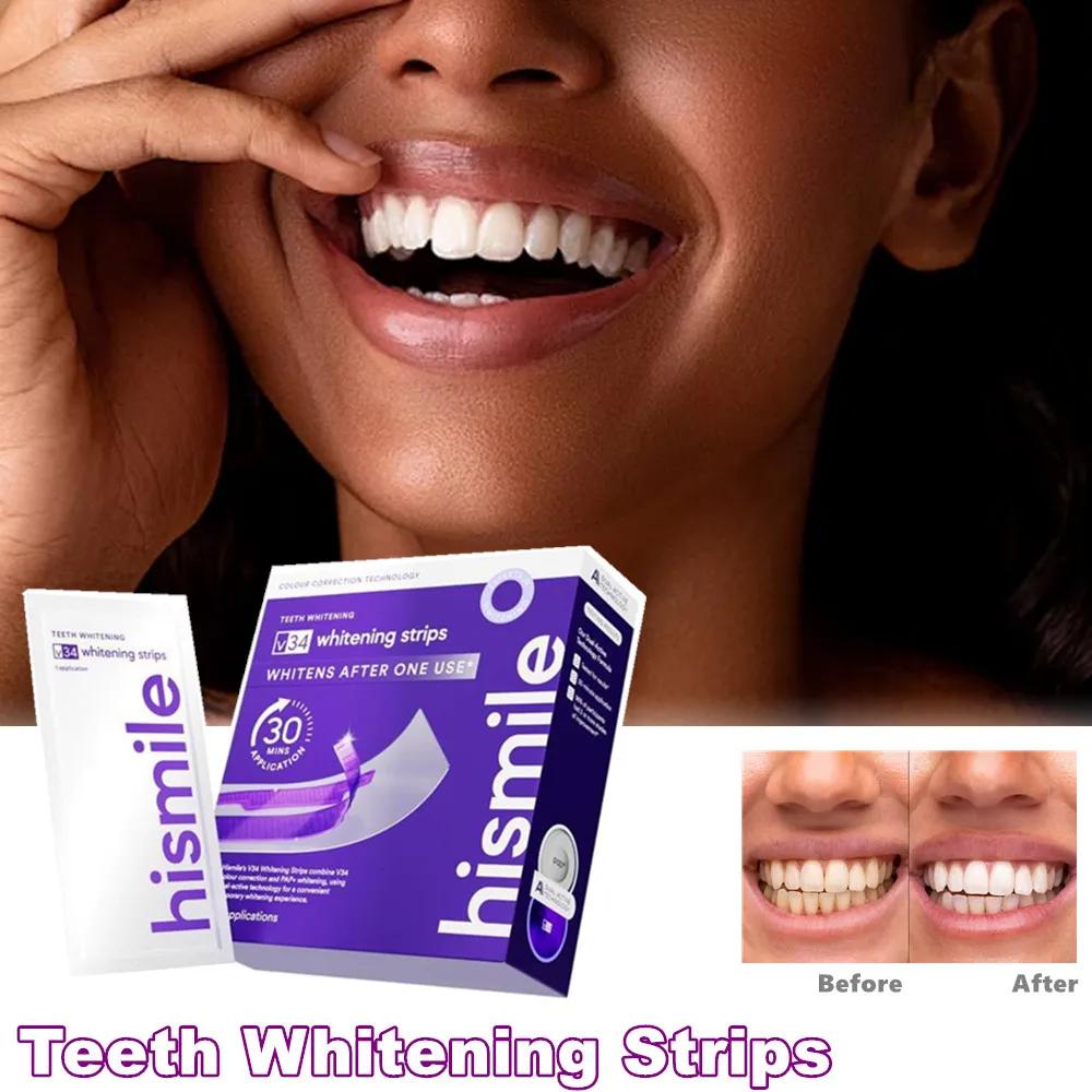 V34 tiras de clareamento remover manchas de placa dentes roxo tiras de cuidados de clareamento suave para dentes sensíveis proteger esmalte oral