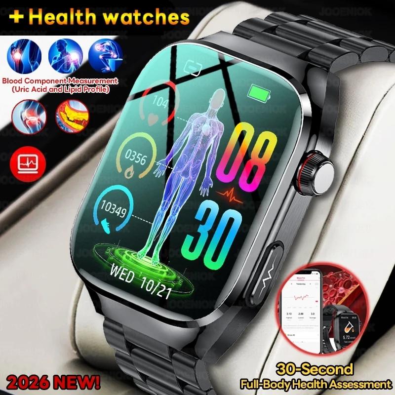 Novo Smartwatch de Saúde 2026 com ECG+PPG, Tela AMOLED HD, Chamada Bluetooth, Monitor de Esportes, Ácido Úrico, Lipídios Sanguíneos e Gordura Corporal para Homens e Mulheres