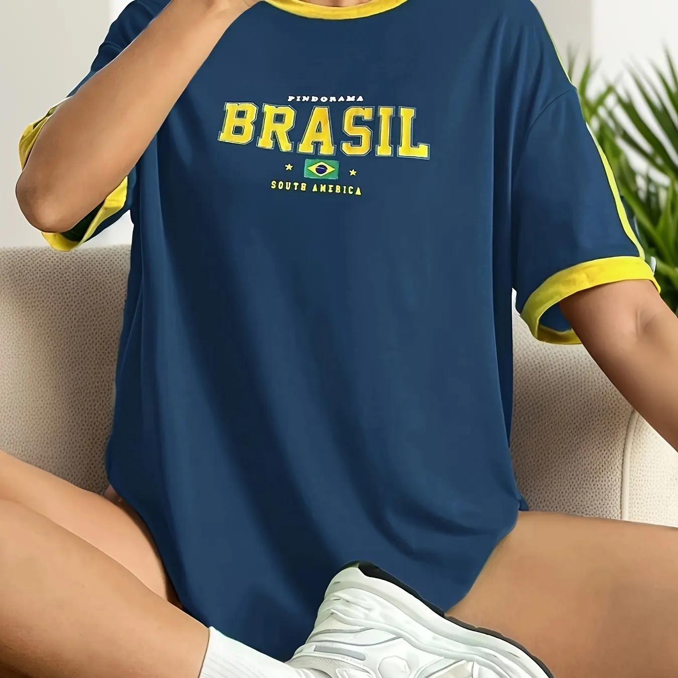Feminino casual brasil bandeira carta impressão gráfica manga curta em torno do pescoço esporte masculino camiseta verão treino atlético