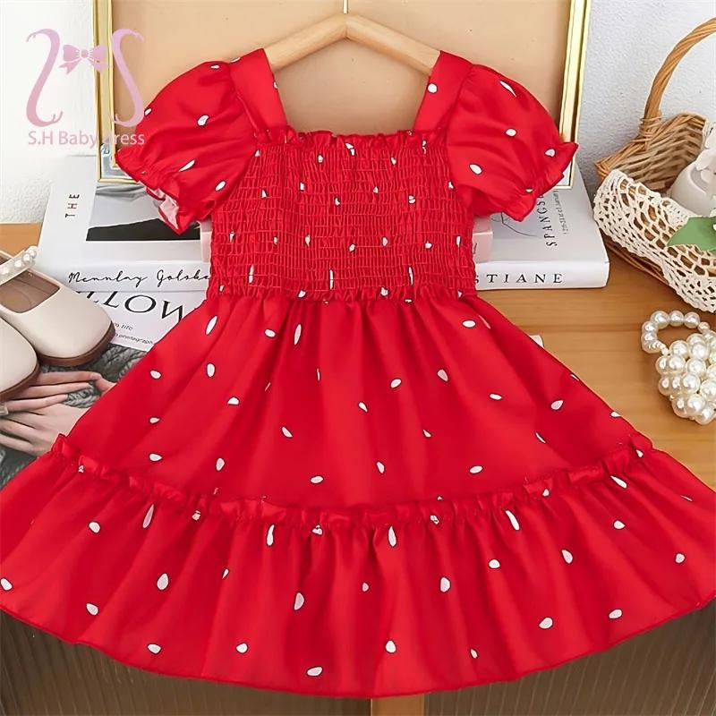 Moda crianças verão vermelho puff mangas vestido bebê menina bolinhas coração roupas adoráveis crianças festa de aniversário vestidos de ano novo