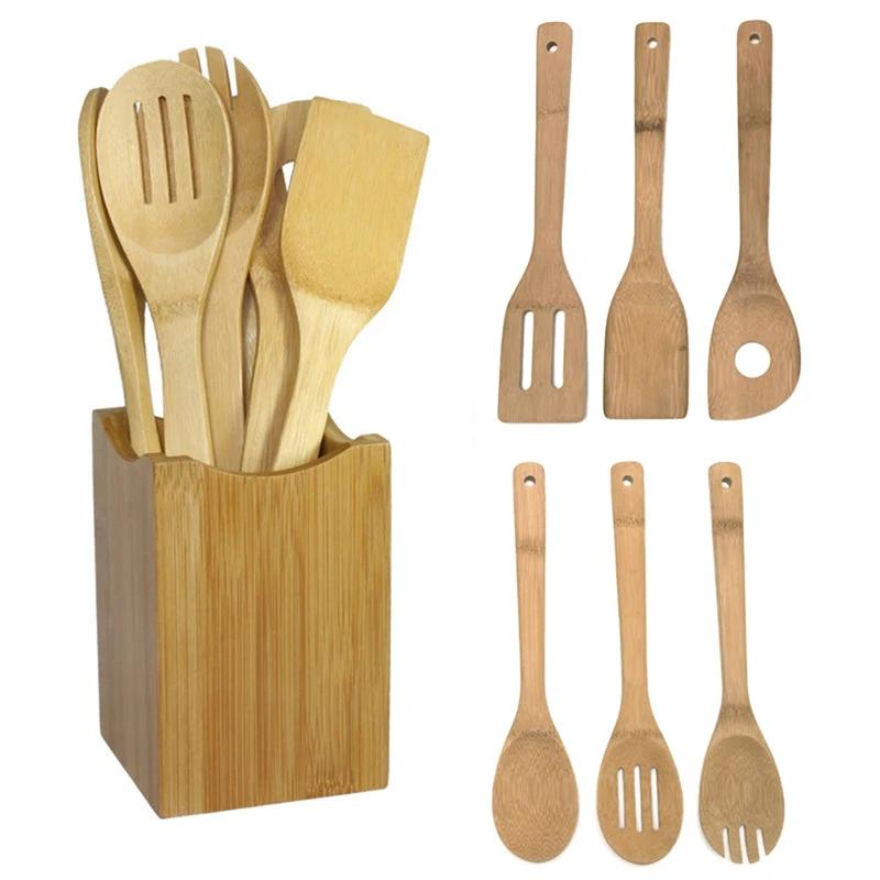 6 peças colher de bambu espátula utensílio de cozinha conjunto de mistura de ferramentas de cozinha de madeira