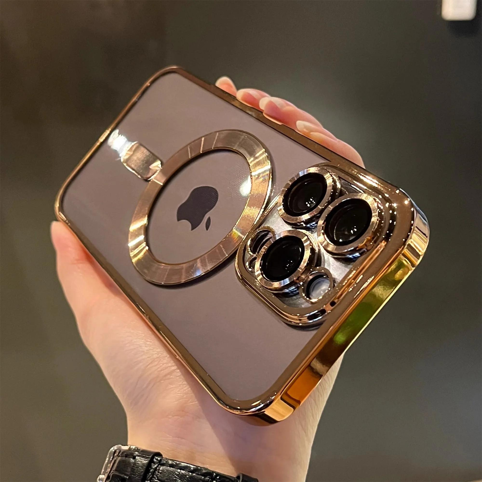 Capa transparente luxuosa com revestimento magnético para carregamento sem fio magsafe iphone 11 12 13 14 15 16 17 pro max air plus capa à prova de choque