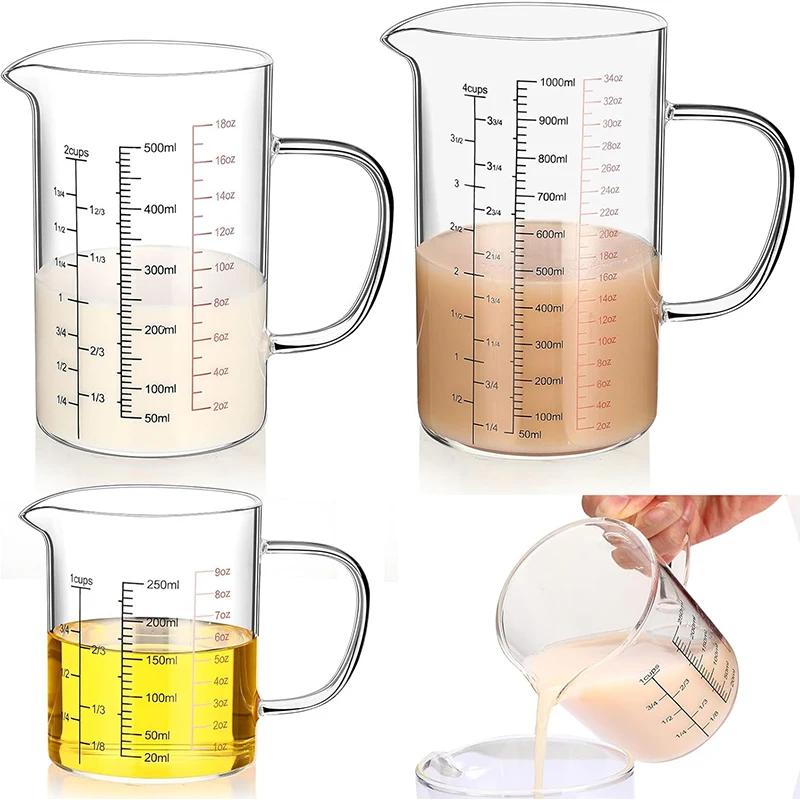Copos de medição de vidro de borosilicato alto copo de escala de vidro transparente com alça bico em forma de v copo de medição de vidro de cozinha