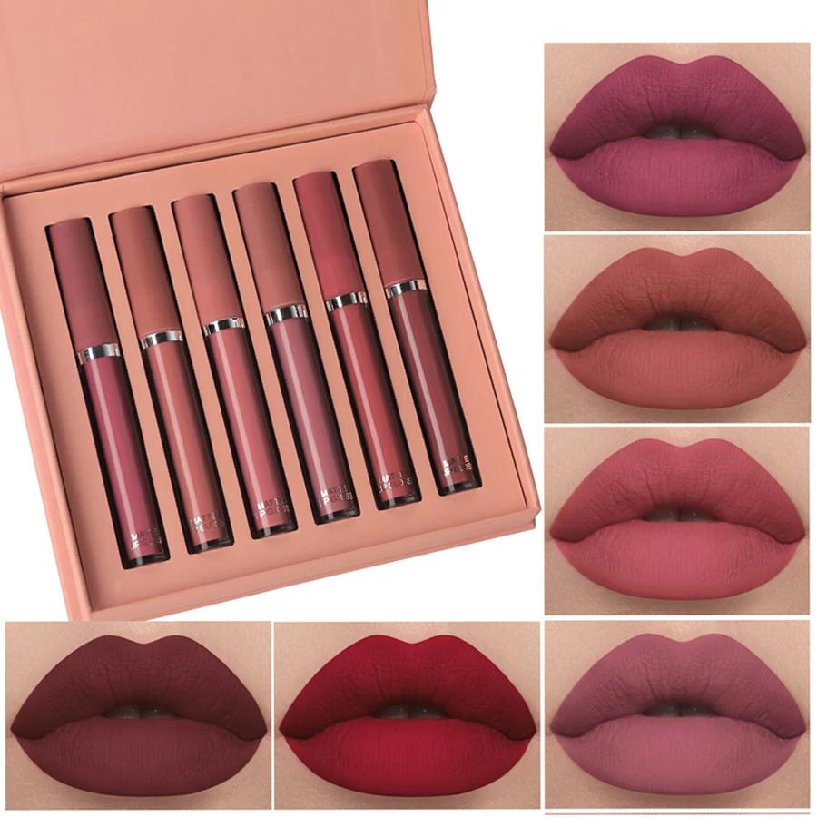 Matte Lip Gloss Set 6 cores batom liso e duradouro Display Lip Gloss impermeável hidratante batom Holiday Gift Box Set