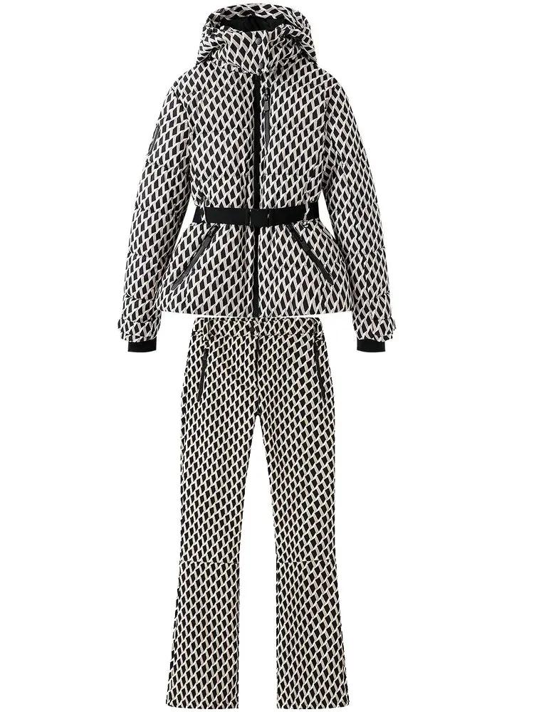 2025 inverno feminino com capuz acolchoado esporte parkas calças 2 pçs conjunto cinto feminino elegante quente à prova de vento casacos de esqui jaquetas calças