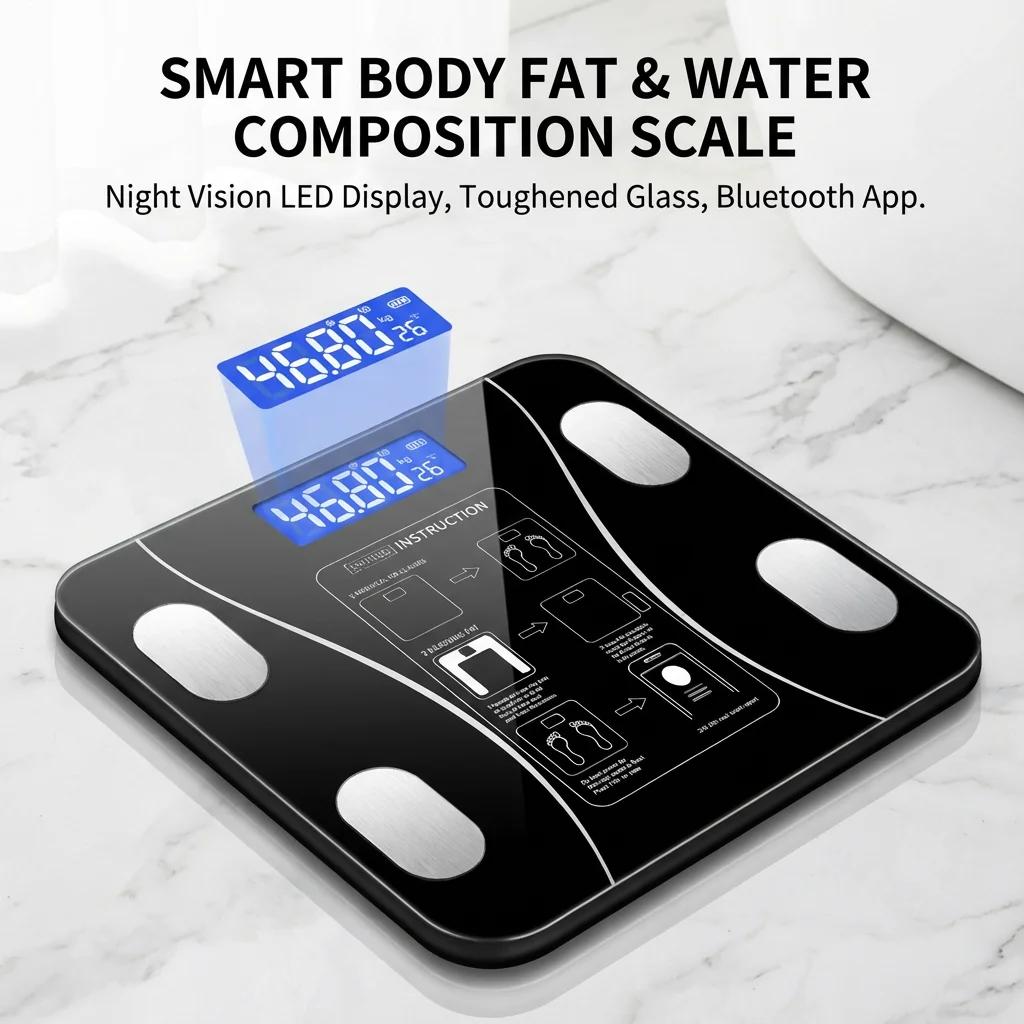 Balança de gordura corporal digital sem fio inteligente, analisador de peso de banheiro compatível com bluetooth com aplicativo de smartphone para composição corporal