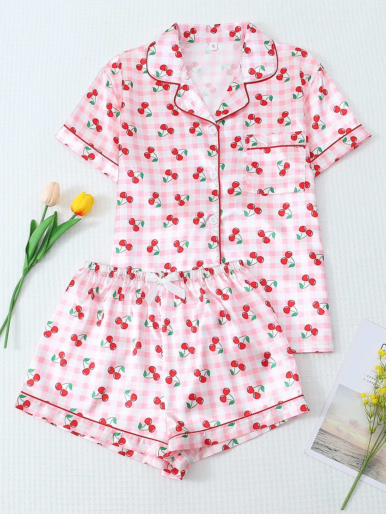 Conjunto de pijama de cetim de 2 peças com estampa de cereja xadrez rosa e branco, shorts de manga curta, pijama feminino, conjunto de loungewear adequado para uso doméstico