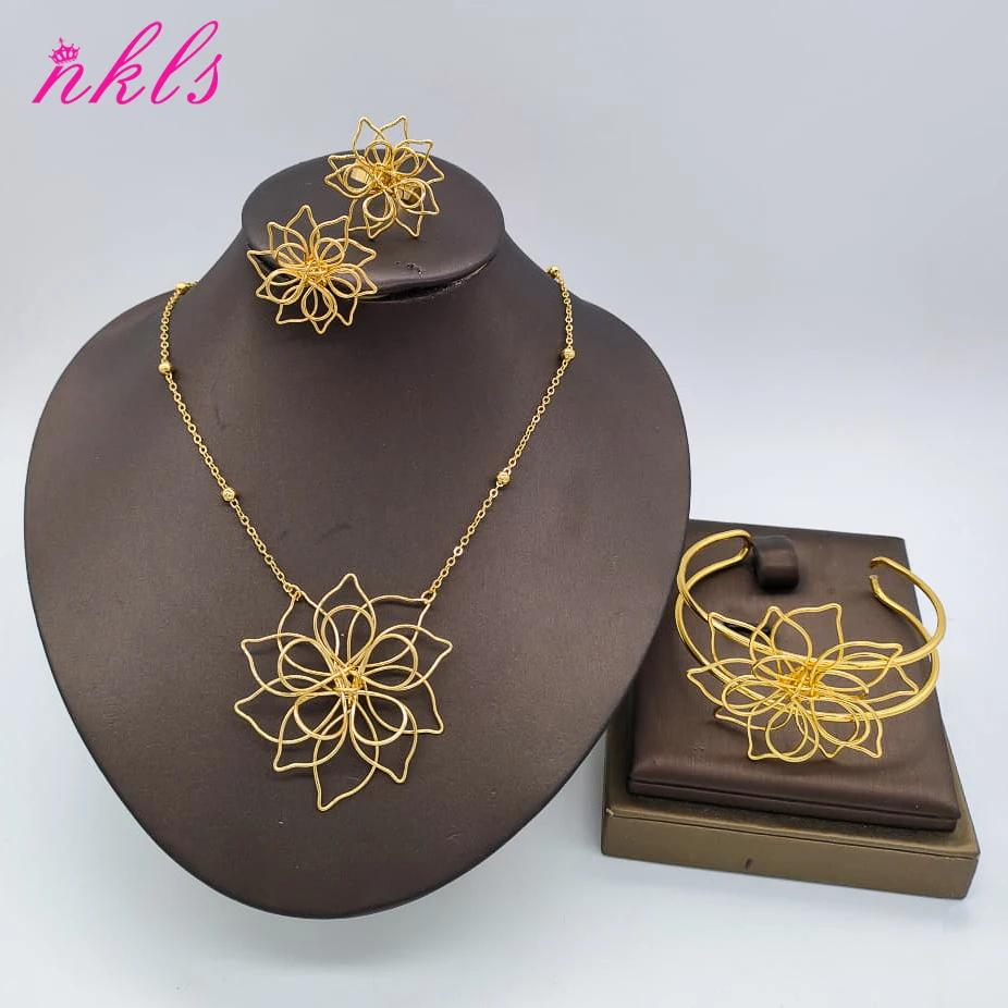 Banhado a Ouro Flor Conjunto de Jóias para Mulheres, Pulseira De Casamento De Luxo, Anel, Colar, Brinco, Dubai, Presente De Festa Africana, Cor Dourada