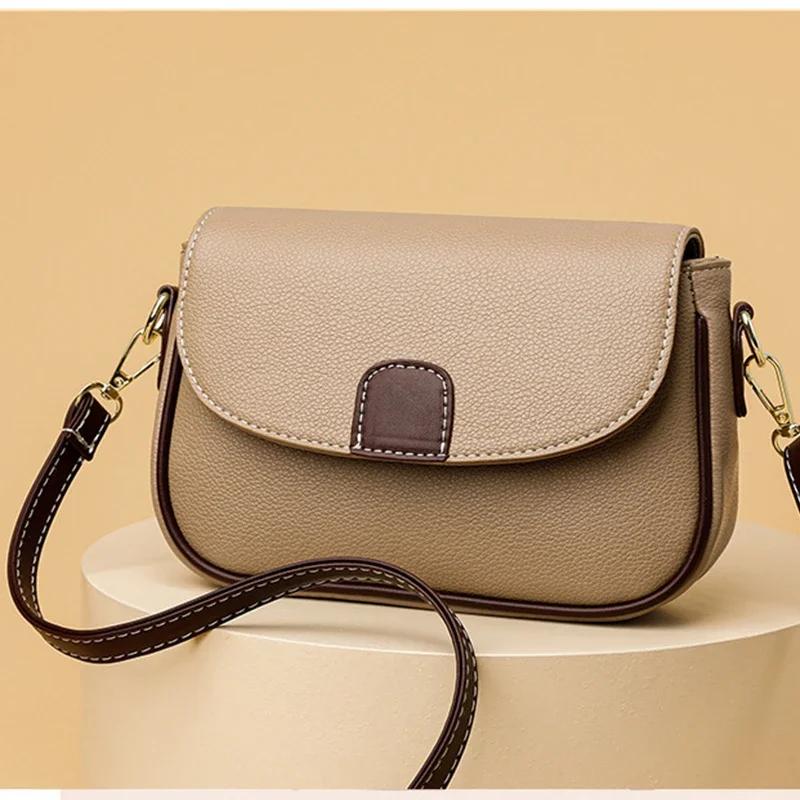 Bolsa de ombro de couro pu para mulheres, bolsa mensageiro crossbody com aba da moda, cor contrastante de luxo, bolsa de compras