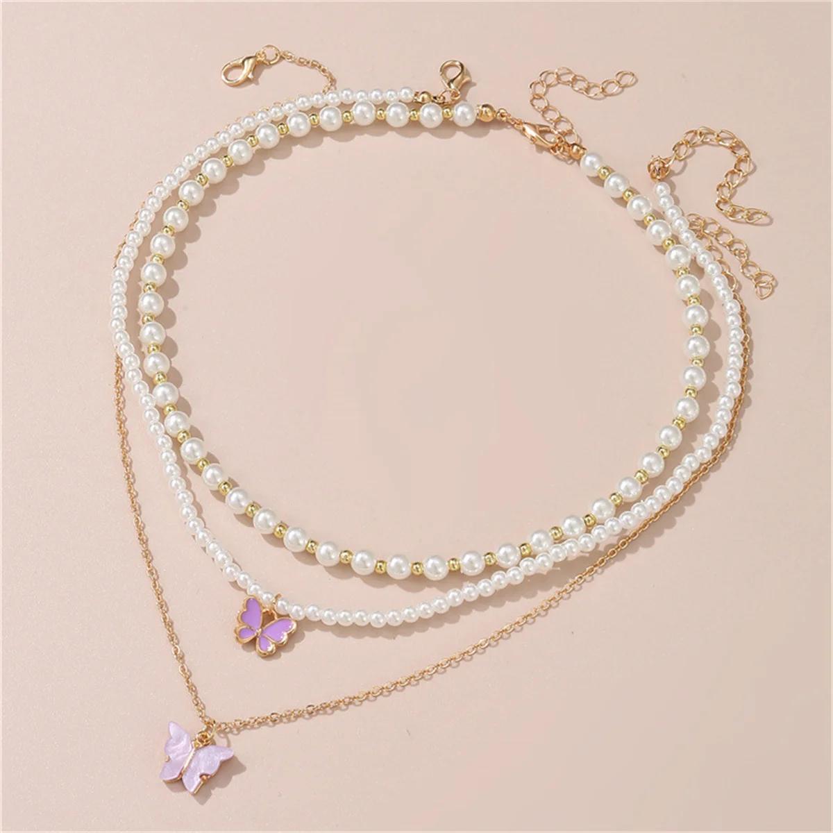 3 pçs/set borboleta pingente colar imitação pérola em camadas gargantilha para princesa menina festa de aniversário jóias presente