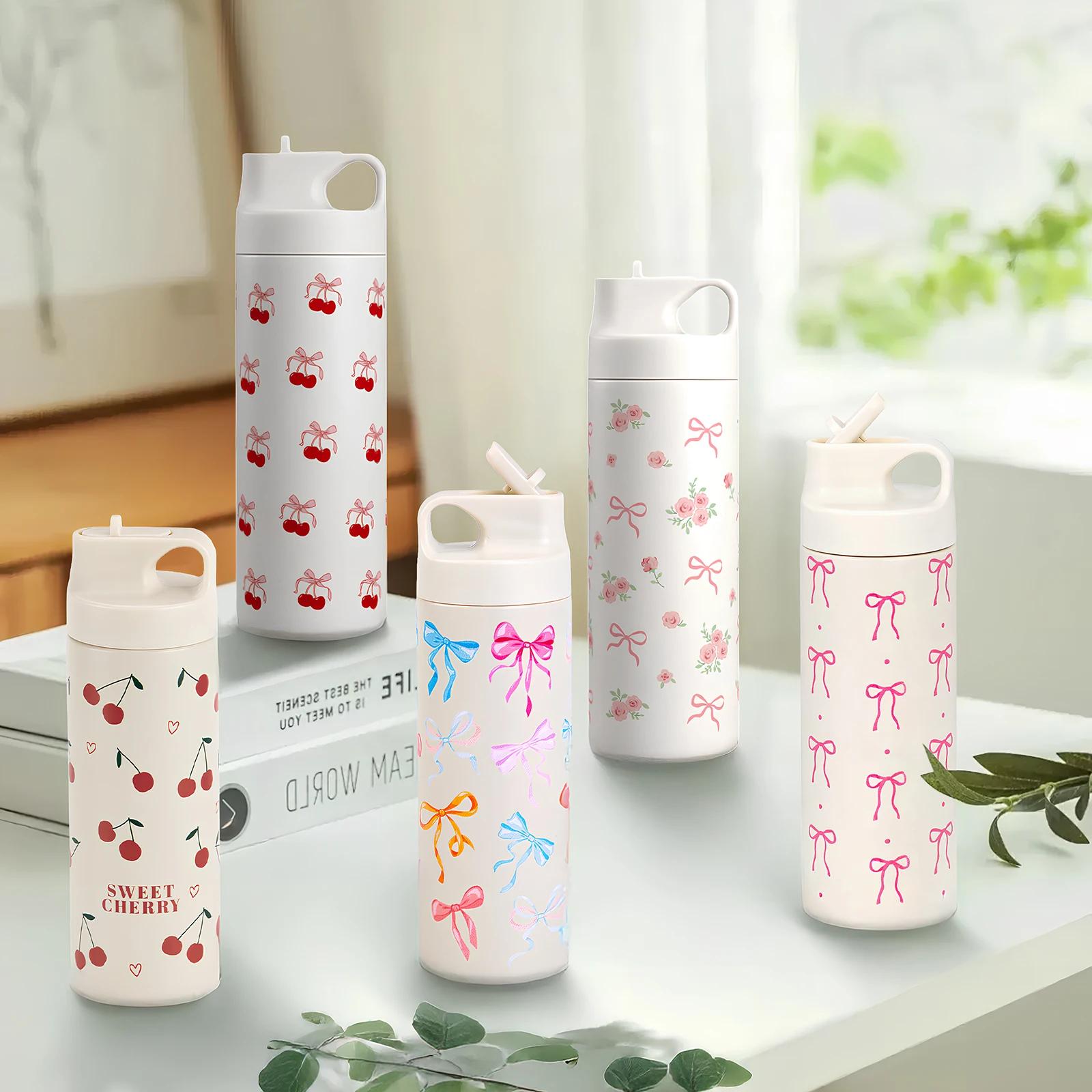 500ml de aço inoxidável arco garrafa de água térmica dupla camada cereja impressão copo de vácuo prevenção de vazamento frascos isolados tumb térmico