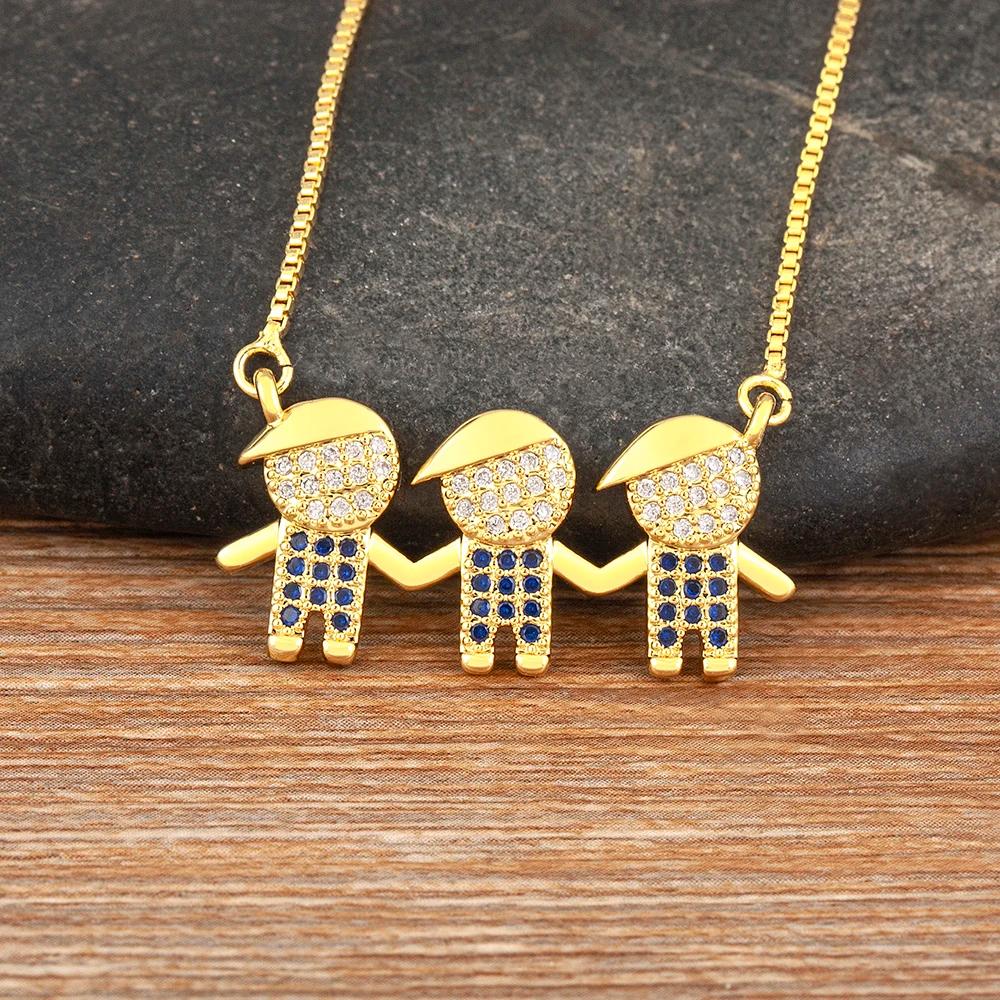 AIBEF Bonito 3 Meninos Forma Colar de Pingentes para Mulheres, Cor Dourada Zircão Cobre, Jóias da Moda, Presente do Dia das Mães, Roupa Diária, Colar Aniversário