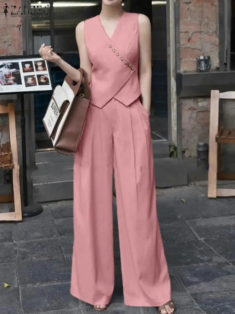 Zanzea conjuntos de calças femininas botões irregulares coletes perna larga calças ternos elegantes 2 pçs roupa streetwear escritório topos