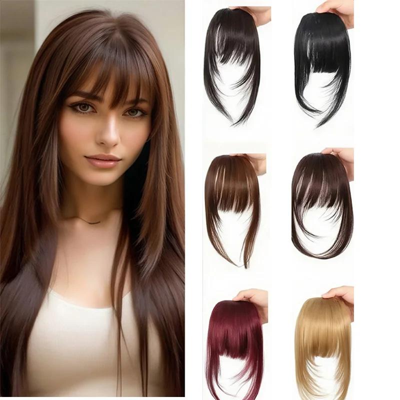 Franja de cabelo sintético com prendedor, franja fina com costeletas, marrom escuro, aparência natural para mulheres, uso diário de festa