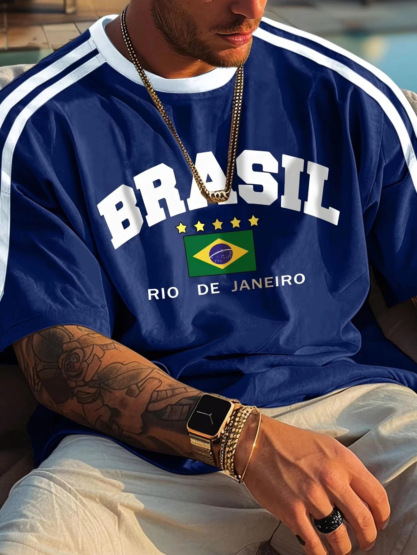 2025 nova bandeira do brasil impresso camiseta masculina em torno do pescoço manga curta retro casual manga curta oversized solto estilo de malha topos