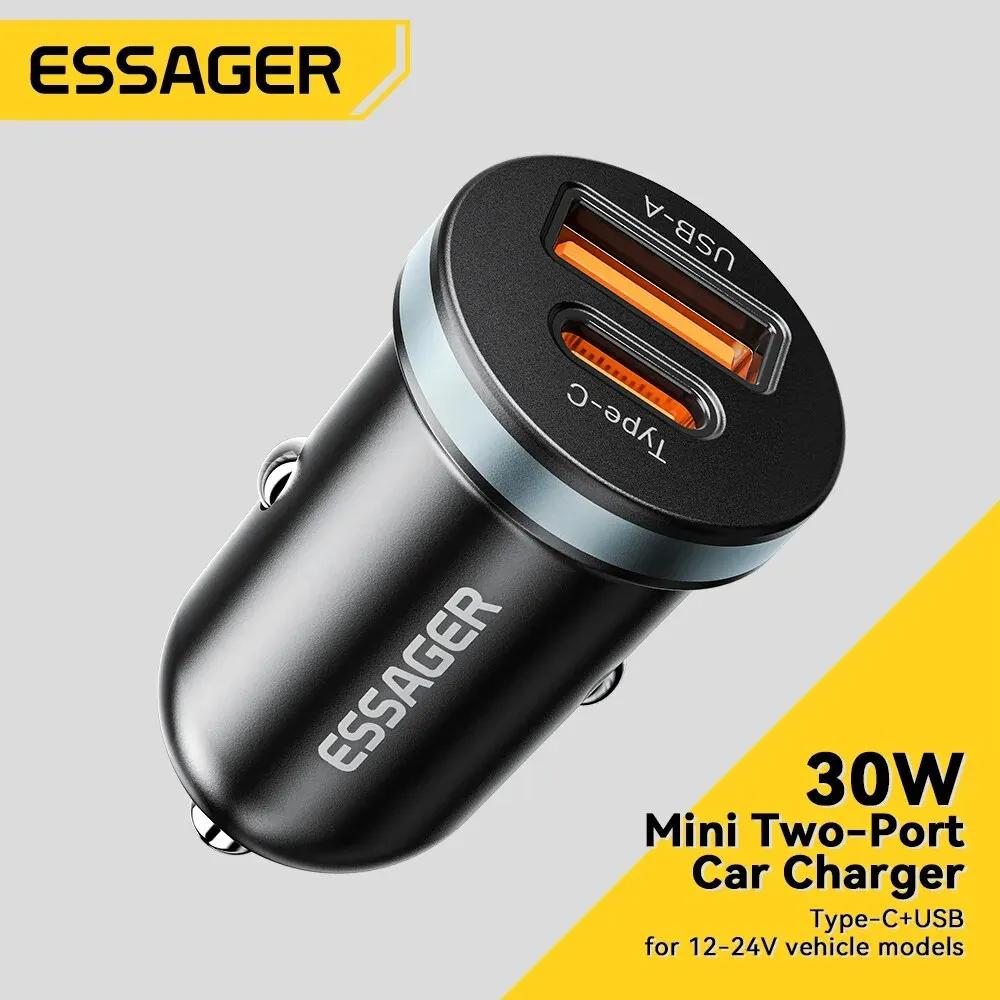 Essager Tipo C Carregador de Carro USB, Carregamento Rápido, 30W, 5A, QC 4.0, PD 3.0, iPhone 12, 13, Huawei, Samsung, Xiaomi, Carga Rápida 4.0