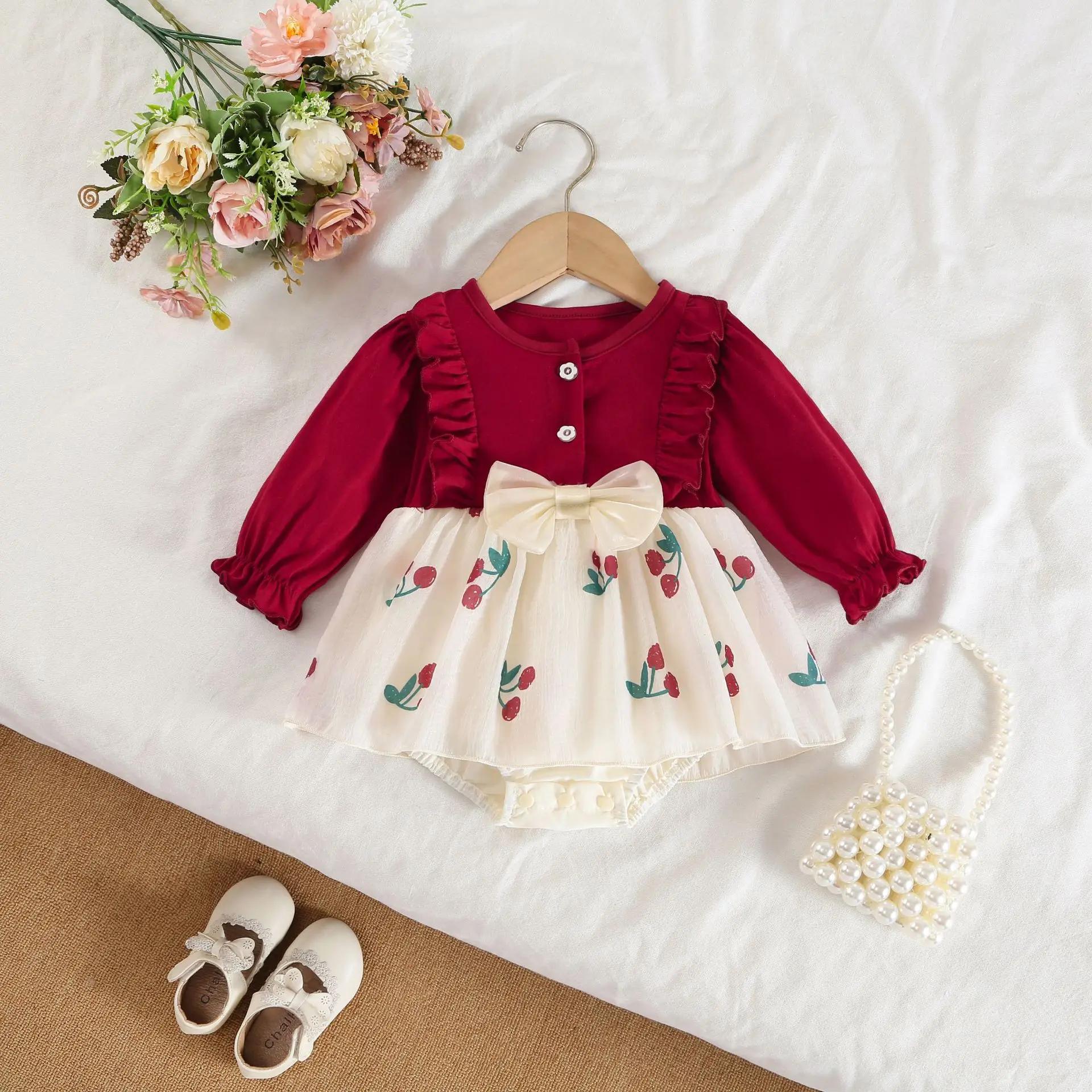 Vestido de Princesa para Meninas de 3 a 18 Meses, Macacão de Cereja, Roupas para Bebês com Mangas e Renda, Conjuntos para Irmãs