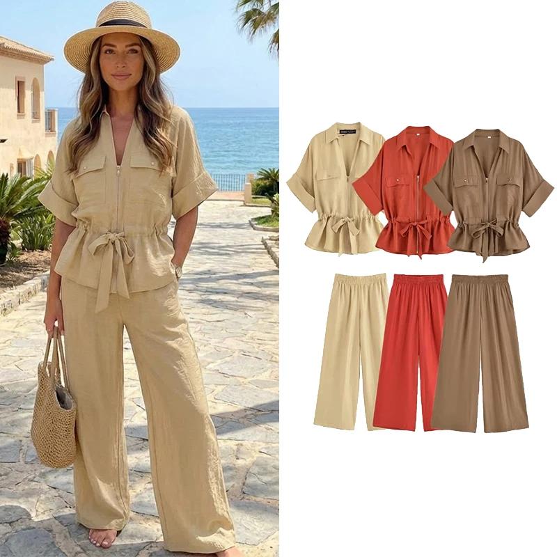 Willshela moda feminina 2 peça conjunto sólido frente zíper camisas & vintage calças de cintura alta elástica feamle chique senhora calças conjuntos