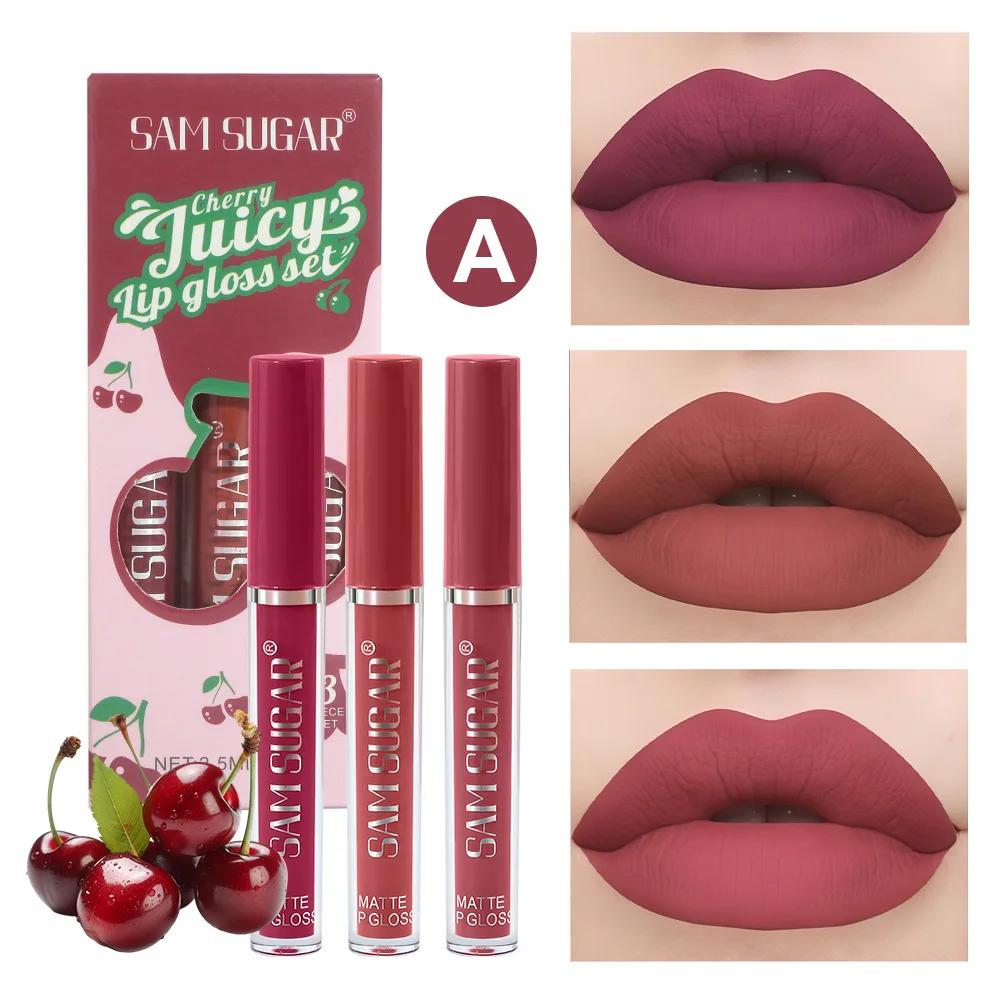 Frutas cereja morango batom líquido kit de maquiagem copo antiaderente colorfast longa duração veludo fosco pêssego brilho labial conjunto 3 pc/set