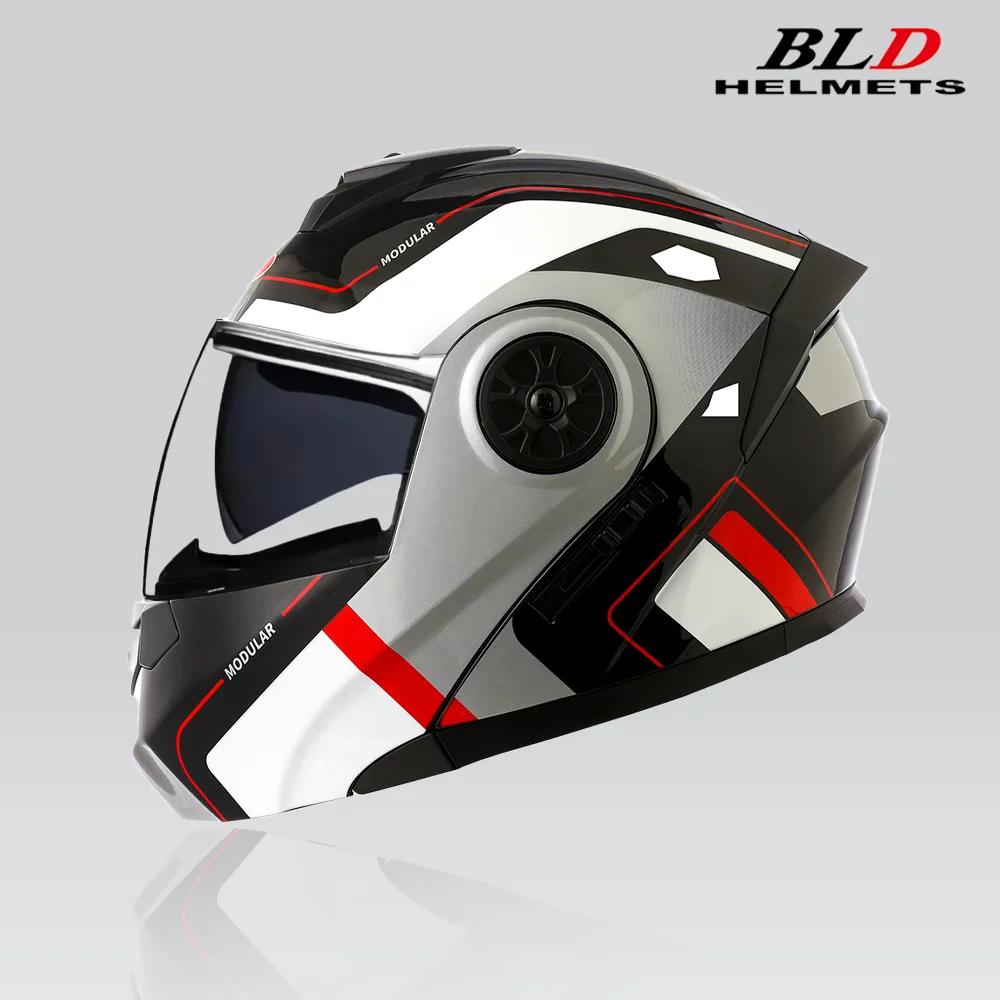 Bld nova chegada de alta qualidade das mulheres dos homens motocicleta corrida flip up capacete material abs modular lente dupla capacete dot aprovado