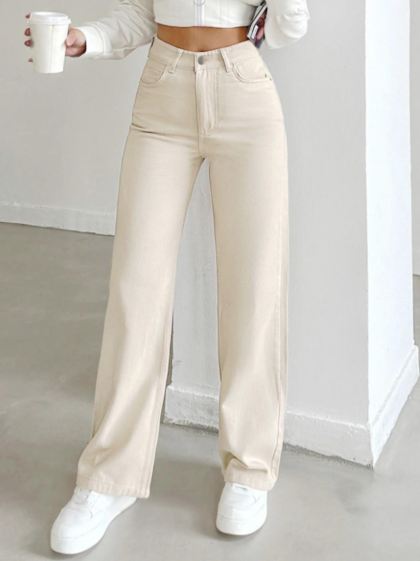 Jeans femininos de outono, feitos de algodão jeans, em cor bege damasco, perna reta, corte justo, cintura alta, cintura elástica