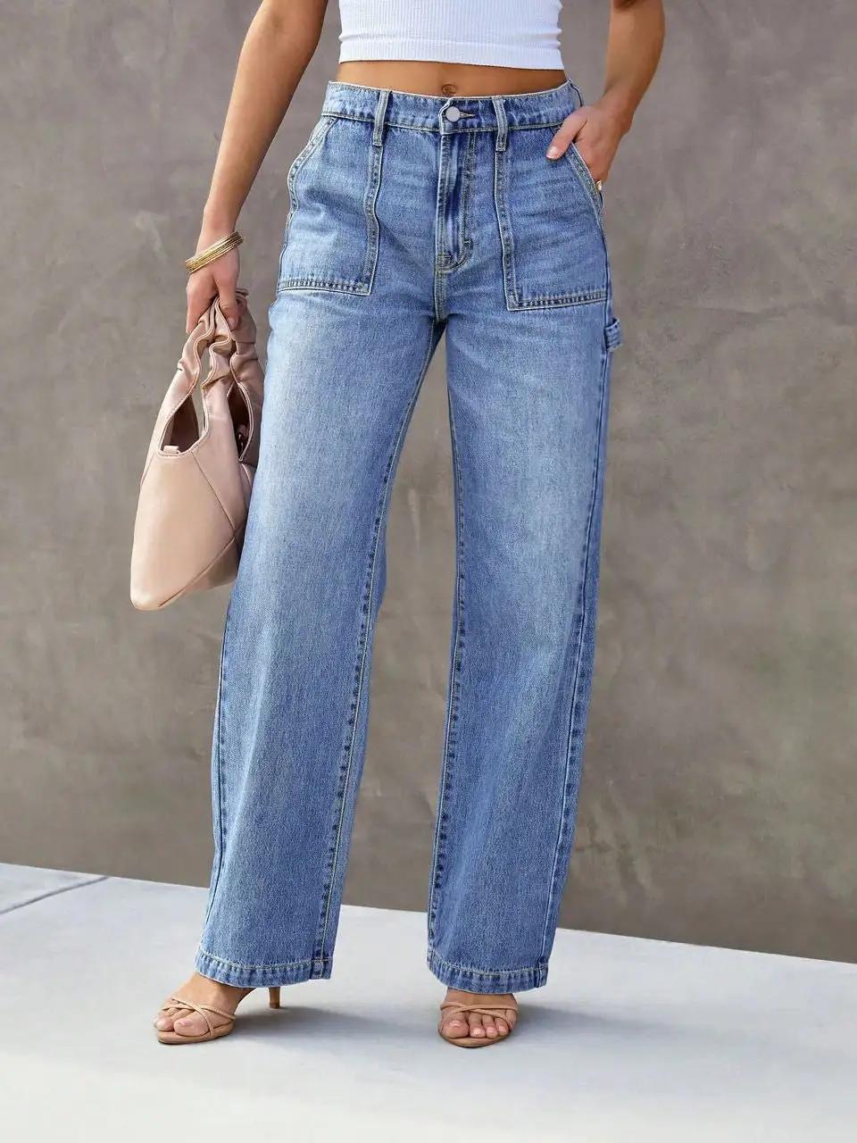Jeans femininos de perna larga azul claro e perna reta – calças jeans elegantes e confortáveis para moda sem esforço